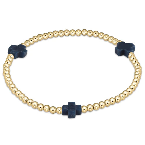 Signature Cross Gold Pattern 3mm Bead Bracelet- Navy